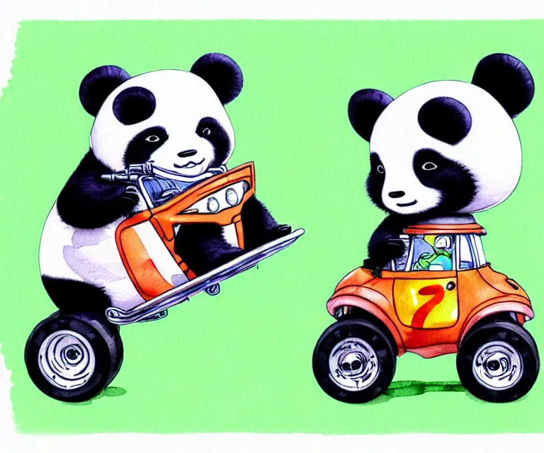 Prompt: cute and funny, pandabear wearing a helmet riding in a tiny fourwheeler with oversized engine, ratfink style by ed roth, centered award winning watercolor pen illustration, isometric illustration by chihiro iwasaki, edited by range murata, tiny details by artgerm, symmetrically isometrically centered