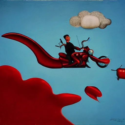 Prompt: a surrealistic painting depicting a man in a red patent leather jacket sitting on a motorcycle watching some dentures with wings which are flying in the sky, the sky is baby blue with puffy clouds