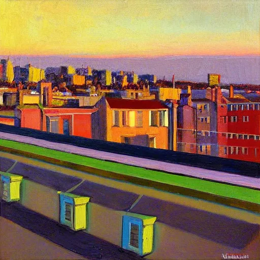 Image similar to Brighton roof tops looking west, evening light, painted by Wayne Thiebaud