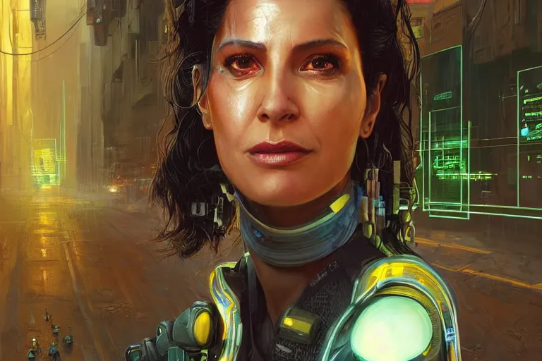 Image similar to A solarpunk very highly detailed Judy Alvarez from the videogame Cyberpunk 2077, with very highly detailed face on the street of a very highly detailed smooth solarpunk city digital concept art by Greg Rutkowski, neofuturistic highly detailed, digital concept art, Dimensional cyan gold natural light, sharp focus, Golden Ratio illustration, realistic concept art by Stephen Hickman and James Gurney and Hiromasa Ogura Ghost in the Shell rendered in Octane Render, From the distance