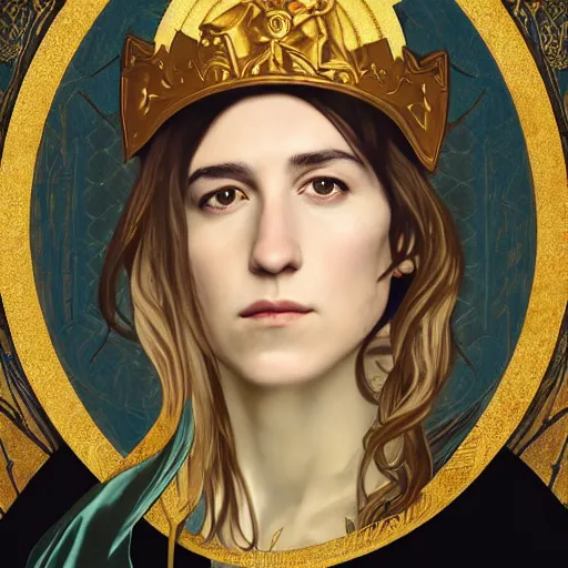 Image similar to portrait of charlotte gainsbourg as joan of arc, hyperreal digital painting, iconography influenced by alphonse mucha and eugene delacroix, arstation and deviantart trends, high resolution 8 k