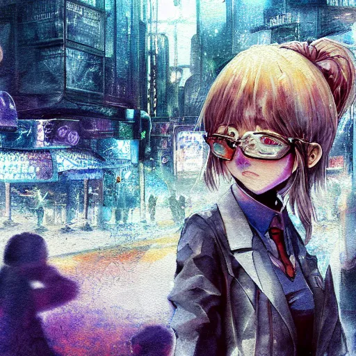 Image similar to dynamic composition, motion, ultra-detailed, incredibly detailed, a lot of details, amazing fine details and brush strokes, colorful and grayish palette, smooth, HD semirealistic anime CG concept art digital painting, watercolor oil painting of Clean and detailed post-cyberpunk sci-fi close-up schoolgirl in asian city in style of cytus and deemo, blue flame, relaxing, calm and mysterious vibes,, by a Chinese artist at ArtStation, by Huang Guangjian, Fenghua Zhong, Ruan Jia, Xin Jin and Wei Chang. Realistic artwork of a Chinese videogame, gradients, gentle an harmonic grayish colors. set in half-life 2, Matrix, GITS, Blade Runner, Neotokyo Source, Syndicate(2012), dynamic composition, beautiful with eerie vibes, very inspirational, very stylish, with gradients, surrealistic, dystopia, postapocalyptic vibes, depth of field, mist, rich cinematic atmosphere, perfect digital art, mystical journey in strange world