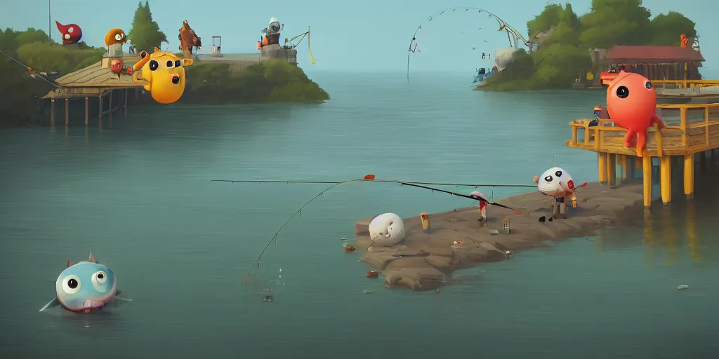 Image similar to cute cartoon monsters fishing on a pier by Goro Fujita and Simon Stalenhag , 8k, trending on artstation, hyper detailed, cinematic