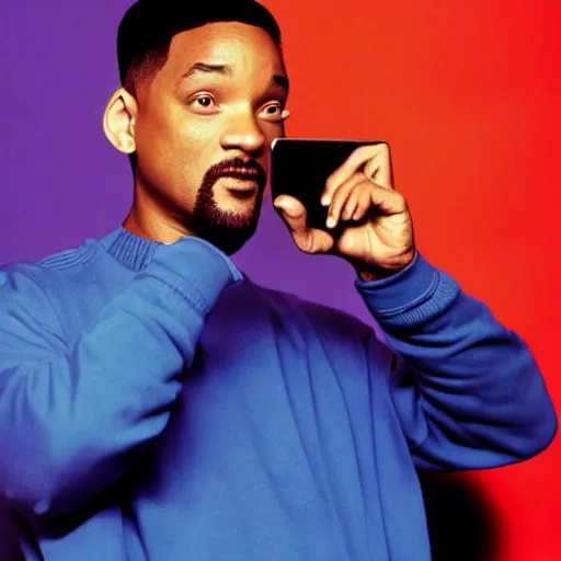 Image similar to will smith posing for a camera, holding up a phone during an photoshoot for his early 2 0 0 0's techno album, cool coloring reminiscent of the 2 0 0 0's, album cover, y 2 k aesthetic,