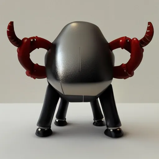 Image similar to a mechanical cow with big head and horns, minimalist style, metal, 3D art, in style of Baymax, smooth