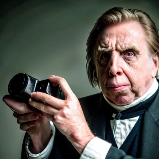 Image similar to Timothy Spall as Simon Graham holding a camera from the 1800s.