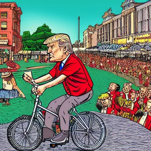 Prompt: donald trump riding a unicycle, color comic by r crumb, maximalist, hyperrealism, caricature
