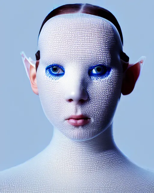 Image similar to portrait of a woman wearing a white embroidered translucent silicone mask and white blue frizzy hair buns, wearing a black bodysuit by alexander mcqueen, cream white background, soft diffused light, biotechnology, humanoide robot, bjork aesthetic, translucent, by rineke dijkstra, intricate details, highly detailed, masterpiece,