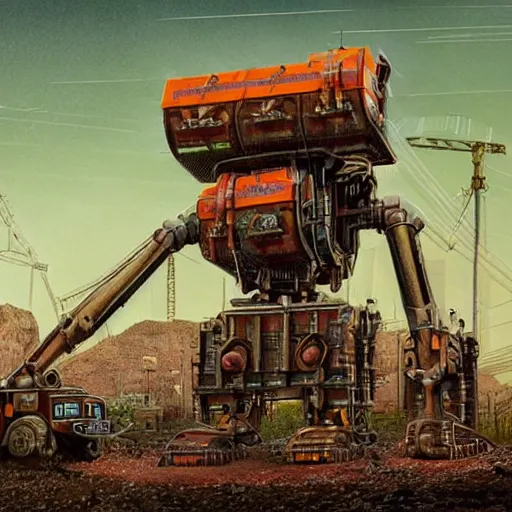 Image similar to giant scary quadrupedal mining machine with drill, four legs, highly detailed body, retro, industrial, dark, dystopian, apocalyptic, in the style of simon stalenhag