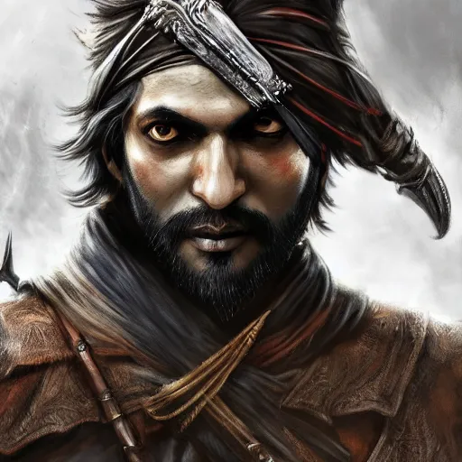 Prompt: Ultrawide Portrait of a Very handsome Indian man holding a sword, Bloodborne concept art, trending on Artstation, photorealistic image, 8k