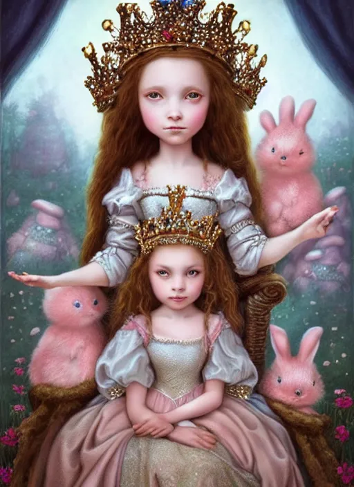 Image similar to highly detailed closeup portrait of a fairytale medieval princess wearing a crown and sitting on a throne, surrounded by cute bunnies, unreal engine, nicoletta ceccoli, mark ryden, earl norem, lostfish, global illumination, god rays, detailed and intricate environment