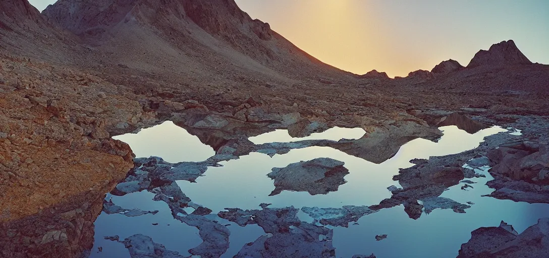 Prompt: “ golden hour light spills over ice lake basin, analog photography, mamiya 7 4 3, portra 8 0 0, volumetric lighting, atmospheric, sharp focus ”