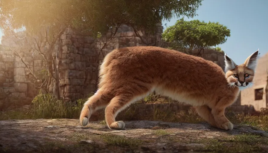 Image similar to wooden barrel on one side, fullbody photo of cute fluffy caracal in it, ancient greek city, sunny day, by ilya kuvshinov, rtx rendering, octane render 1 2 8 k, maya, extreme high intricate details by tom bagshaw, medium shot, close up shot, composition by sana takeda, lighting by greg rutkowski