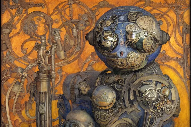 Image similar to ornate mechanical robot cat, by annie swynnerton and diego rivera and elihu vedder, symbolist, dramatic lighting, elaborate geometric ornament, art brut, soft cool colors, smooth, sharp focus, extremely detailed, adolf wolfli and ( donato giancola )