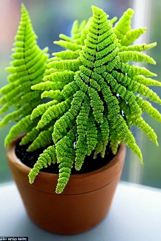 Image similar to crystals shaped like exotic succulent fern shrubbery, a potted plant made of gemstones in a windowsill