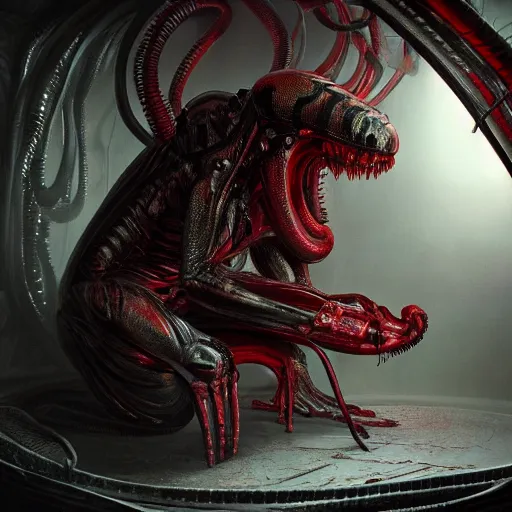 Image similar to mickey mouse xenomorph chimera lurking in dark room, round ears, red pants, designed by h. r. giger, highly intricate detailed 8 k ultrarealistic octane render by artgerm and rutkowski and beksinski and mucha