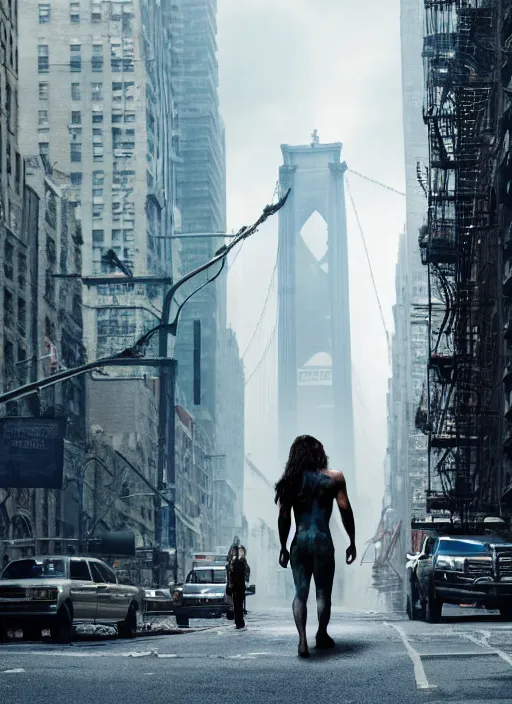 Image similar to film still, tarzan walk on the street of new york, post apocalyptic, symmetrical, 8 k, half body shot