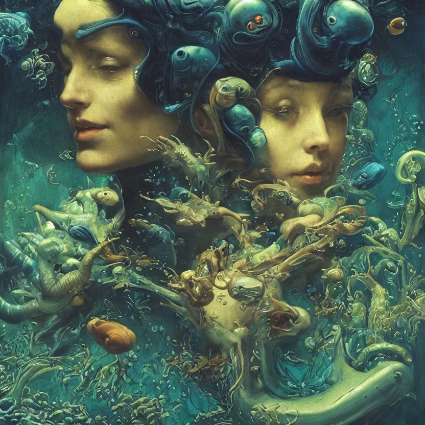 Prompt: a close - up view, renaissance portrait of a cute alien underwater surrounded by sea creatures. deep blue and green tones. night time. gloomy dark black background. highly detailed fantasy science fiction portrait painting by norman rockwell, moebius, frank frazetta, and syd mead. rich colors, high contrast. artstation