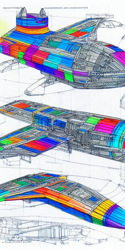 Prompt: blueprint of a spaceship, technical draw, concept art, extreme detail, 3 5 mm, colorful, nyan colors