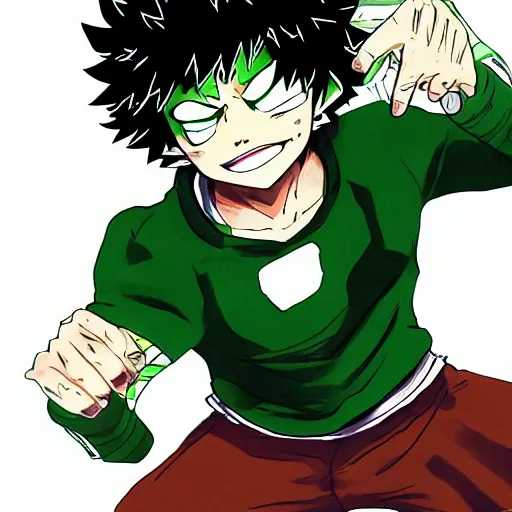 Goku from dbz mixed with deku from my hero academia, painting style, with a  good background