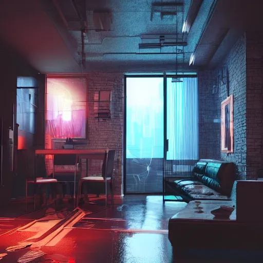 Prompt: cyberpunk apartment, futuristic, apartment, night, rain, volumetric light, ray traced, photography, behance