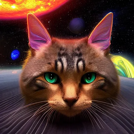 Image similar to Photorealistic magic cats in space. Hyperdetailed photorealism, 108 megapixels, amazing depth, glowing rich colors, powerful imagery, psychedelic Overtones, 3D finalrender, 3d shading, cinematic lighting, artstation concept art