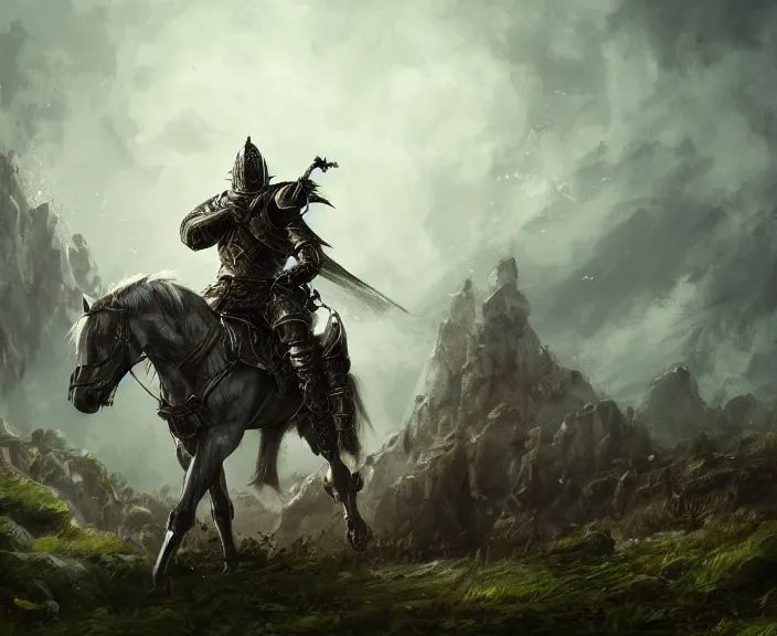 Image similar to knight on horseback, fantasy art, very detailed, beautiful, dark souls, lush landscape, trending on artstation, pixiv