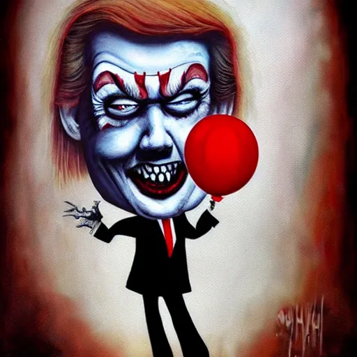 Image similar to grunge painting of donald trump with a wide smile and a red balloon by chris leib, loony toons style, pennywise style, corpse bride style, horror theme, detailed, elegant, intricate