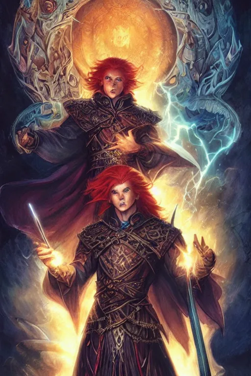 Image similar to young male redhead Spellcaster standing, holding a spell book glowing, D&D dark fantasy style, sharp focus, ultra detailed, art by Artgerm and Peter Andrew Jones, Karol Bak, Ayami Kojima, Amano and Olivier Ledroit