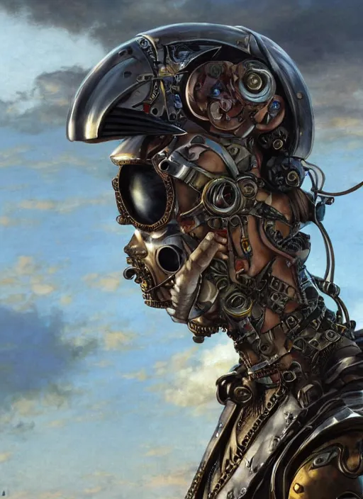 Image similar to symmetry!! closeup! of a pirate biker girl, cyborg armor, in clouds, cinematic light, windy, sunrise, by gerald brom, by mikhail vrubel, by peter elson, muted colors, extreme detail, trending on artstation, 8 k