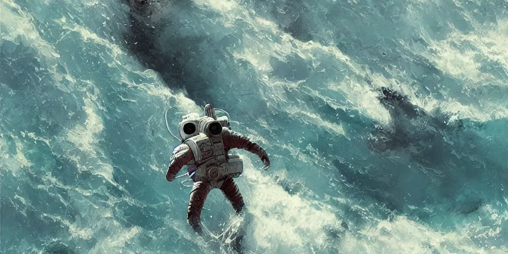 Image similar to an astronaut waist deep in the ocean,digital art,detailed,ultra realistic,art by greg rutkowski