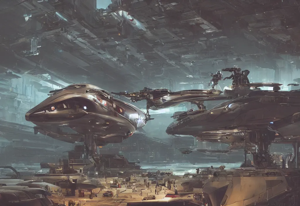 Image similar to futuristic space captain in a hangar, cyborg, Detailed, 8k, sci-fi, panel, concept, simon stalenhag ,syd mead, insane detail, ash thorp, kyza, cyberpunk, collection