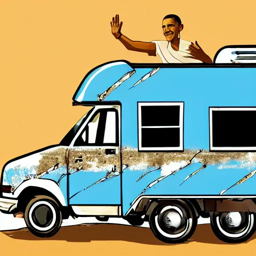 Prompt: obama holding a ziplock bag with baby blue meth, desert background, next to an rv, by stephen bliss, gta loading screen