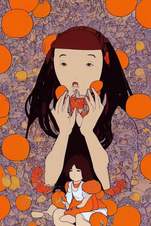 Image similar to a Girl in a sitting on the ground and Hands on knees and Slices of orange and microphones float around her ,Visual Communication Design by studio ghibli and mucha ,Refreshing colour