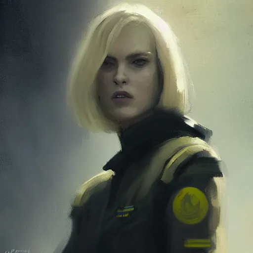 Prompt: portrait of a woman by greg rutkowski, slavic features, blonde bob hair, tall and slender, star wars expanded universe, she is about 3 0 years old, wearing black and yellow military fatigues of the outer rim association.