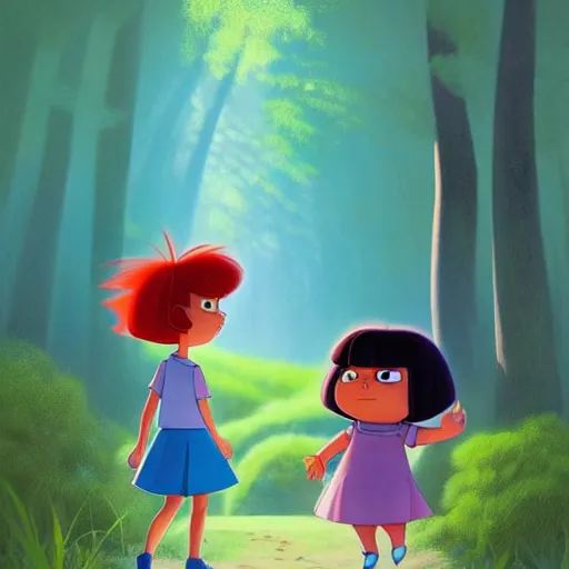 Image similar to goro fujita ilustration mafalda dora the explorer with blue clothes, walking through the forest, painting by goro fujita, sharp focus, highly detailed, artstation