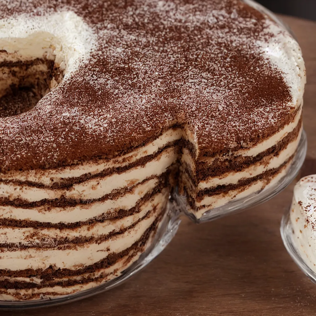 Image similar to close - up view of tiramisu on top of a wooden table, 8 k, high detail, photorealistic, proper shading