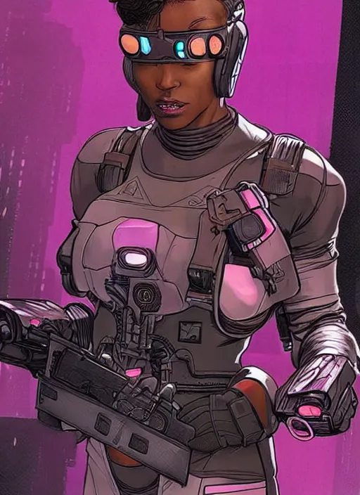 Image similar to selina igwe. apex legends beautiful cyberpunk fitness babe in stealth suit. concept art by james gurney and mœbius. gorgeous face.