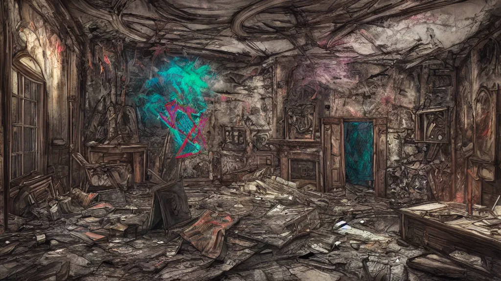 Image similar to a sigil scribbled on the wall, inside a haunted destroyed house, trending on artstation, 8 k, digital photo, unreal engine, colored paint, colorful paint, scary style