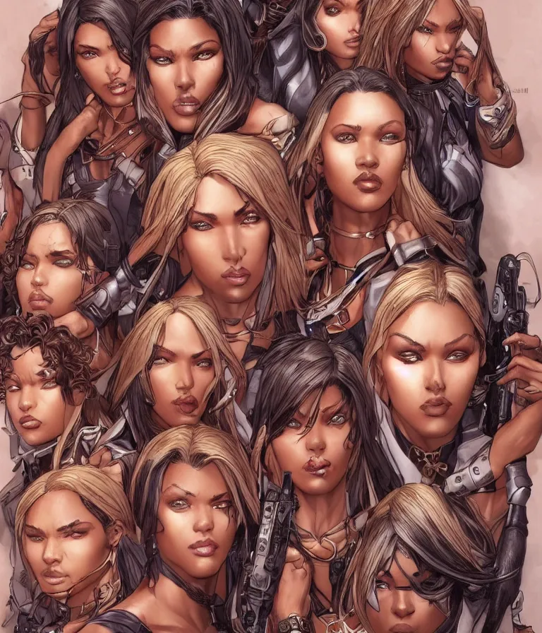 Prompt: a group of female thieves with unique clothes, brown skin, and different hair colours, beautiful, symmetrical facial features, detailed faces, intricate detail, smooth, sharp focus, arnold rendering, art by pepe larraz,