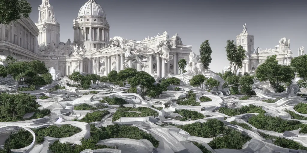 Image similar to utopian city made out of glistening, white marble, nature, fusion between historical and modern futuristic architecture, rome, vegetation, 4k, digital art