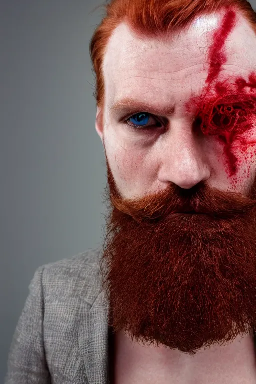 Prompt: man with a third eye in his forehead, a mad scientist with a third eye and wild red hair and beard slightly balding, high resolution film still, 4 k, hdr color