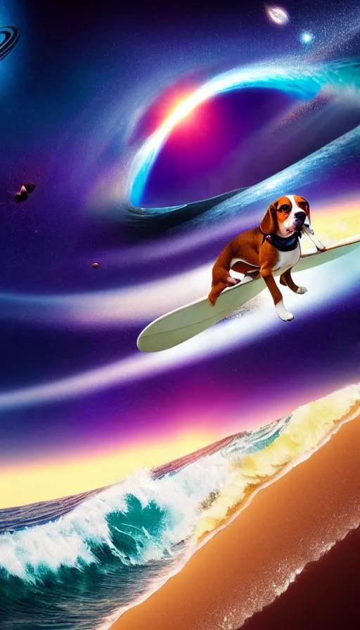 Image similar to beagle dog surfing a surfboard on a crashing l wave of alien ocean in space, background is an alien galaxy, aliens in the background, alien colors, octane render, unreal engine, wide view, 8 k, high detaild