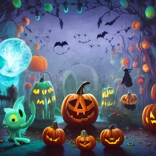 Image similar to halloween festival, expressive eyes, floating, rbc, bunny, radiolaria, protophyta, micro - organisms, center frame, symmetric, rim light, marine microbiology, bioluminescence, electric, fur, soft, concept art, intricate details, highly detailed, colorful, photorealistic, disney pixar, octane render,