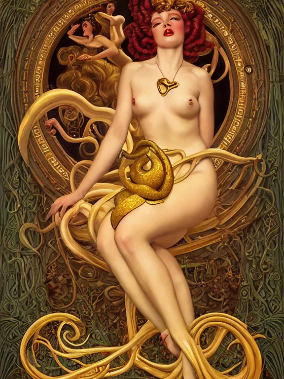 Prompt: Sidney Sweeney as the Medusa Gorgon, a beautiful art nouveau portrait by Gil elvgren, Greek temple environment, centered composition, defined features, golden ratio, gold jewlery, photorealistic professionals lighting, cinematic, sheer