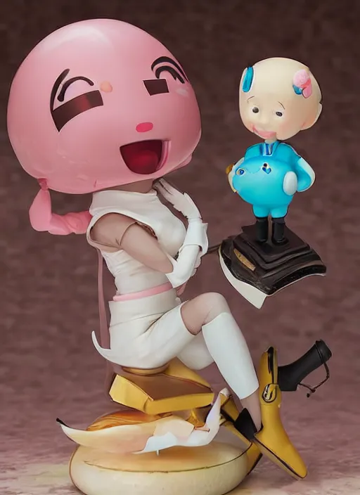 Prompt: a hyperrealistic Kotobukiya oil panting of a looney kawaii vocaloid figurine caricature with a big dumb goofy grin and pretty sparkling anime eyes featured on Wallace and Gromit by norman rockwell