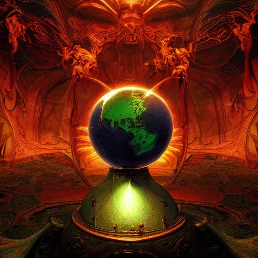 Prompt: photorealistic demonic globe in the style of michael whelan and gustave dore. hyperdetailed photorealism, 1 0 8 megapixels, amazing depth, glowing rich colors, powerful imagery, psychedelic overtones, 3 d finalrender, 3 d shading, cinematic lighting, artstation concept art