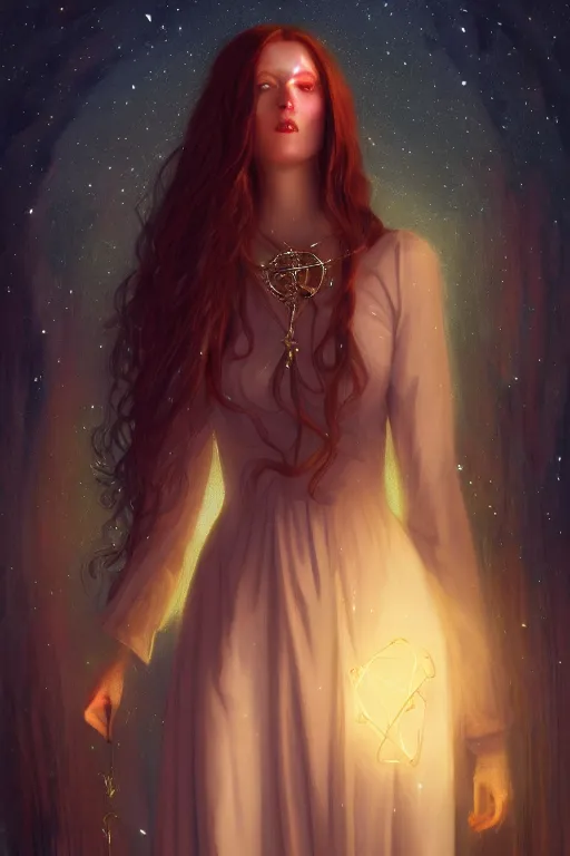 Prompt: Nocturne, glowing, stars, a long-legged occultist woman, long auburn hair, choker, highly detailed, mysterious, ethereal, sigils, haute couture, illustration, dramatic lighting, soft details, painting, by Edmund Blair Leighton, Brom, Charlie Bowater, trending on artstation, faces by otto schmidt