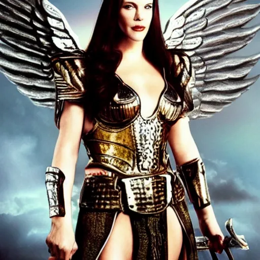 Image similar to full body photo of liv tyler as an angel warrior with heavenly weapons