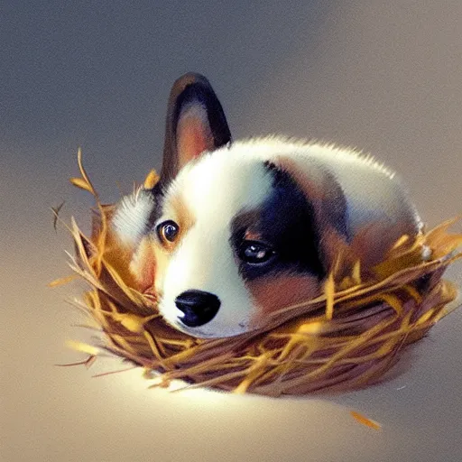 Image similar to concept art of a baby corgi emerging from an egg that looks like a tennis ball in a nest, realistic, detailed, cel shaded, in the style of makoto shinkai and greg rutkowski and james gurney